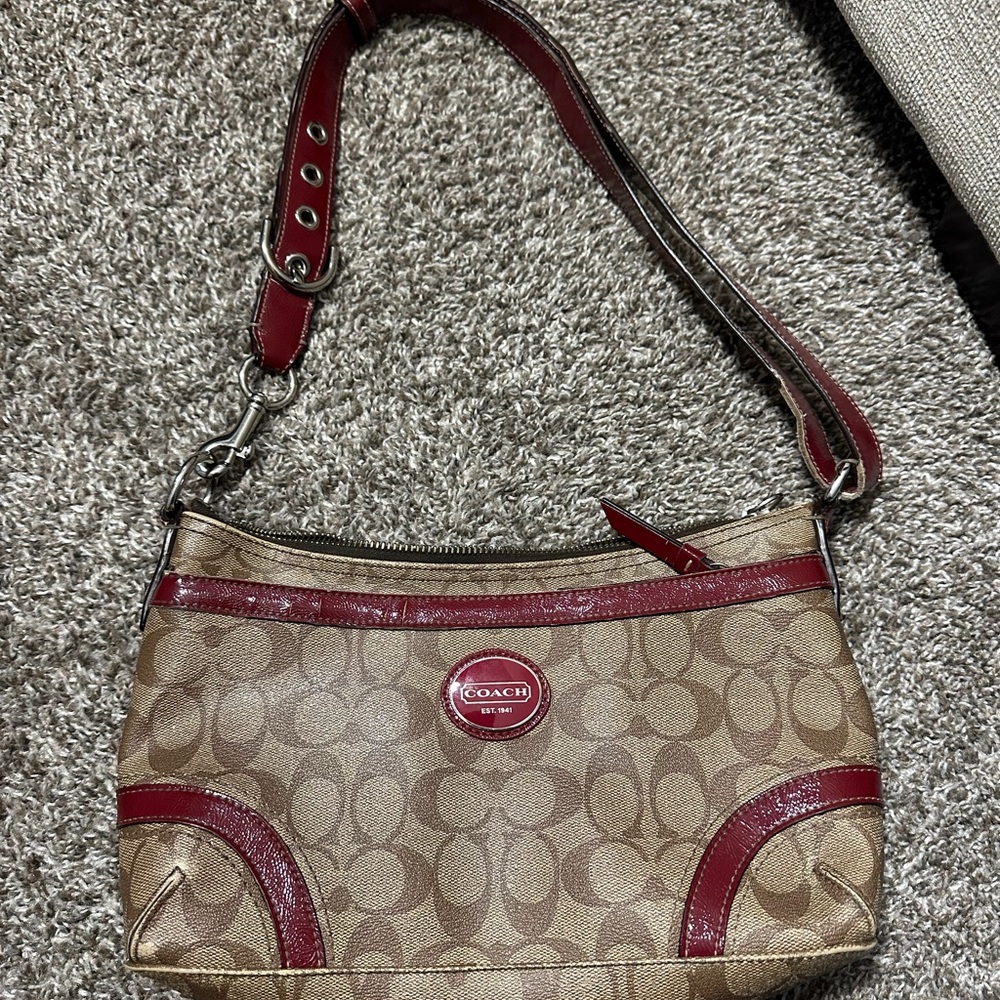 Coach Beige and Red Signature Shoulder Bag